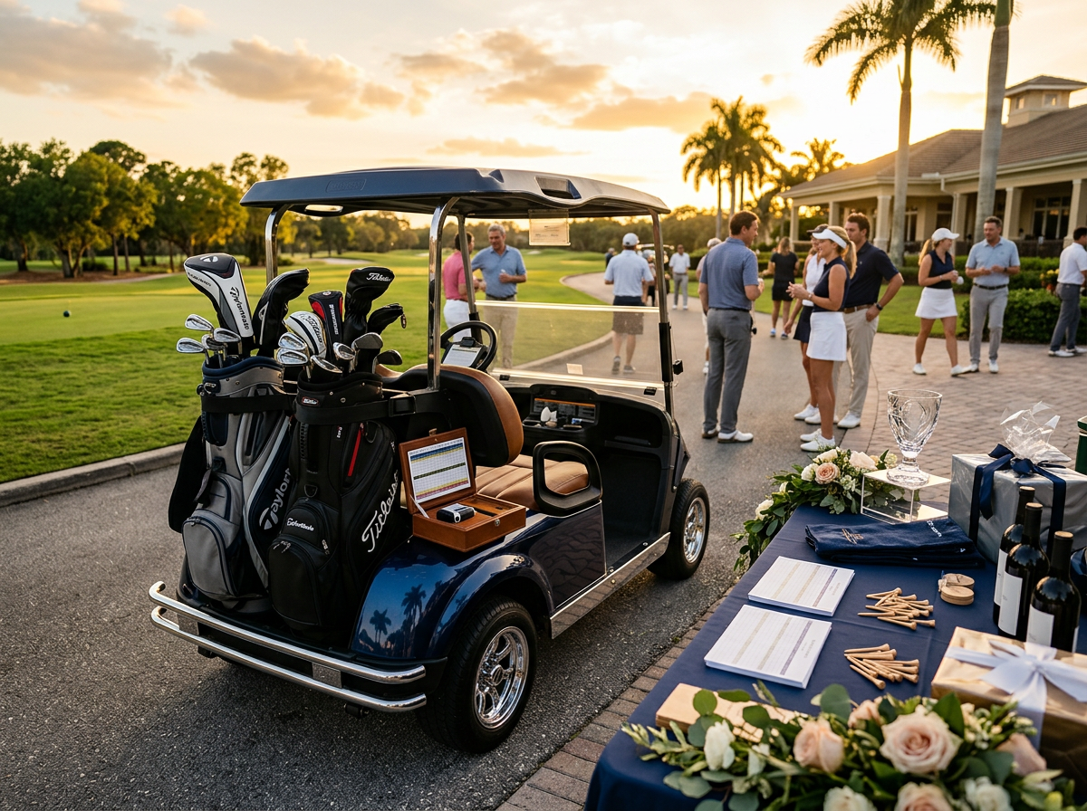 Premium golf outing amenities including carts clubs and event details